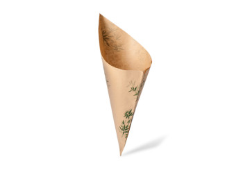 Cornet de frites en papier ciré, imprimé.
